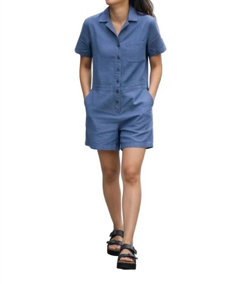 NEW EDDIE BAUER hemplify button front collared utility romper in light blue